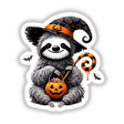 Halloween Sloth Trick or Treat Pumpkin: Cartoon sloth wearing a hat, holding a candy-filled pumpkin basket. Available as stickers or digital artwork.