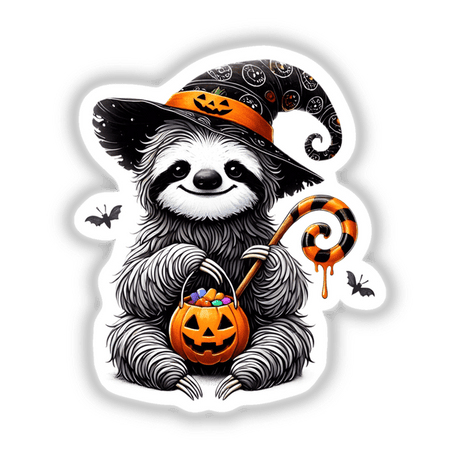 Halloween Sloth Trick or Treat Pumpkin: Cartoon sloth wearing a hat, holding a candy-filled pumpkin basket. Available as stickers or digital artwork.
