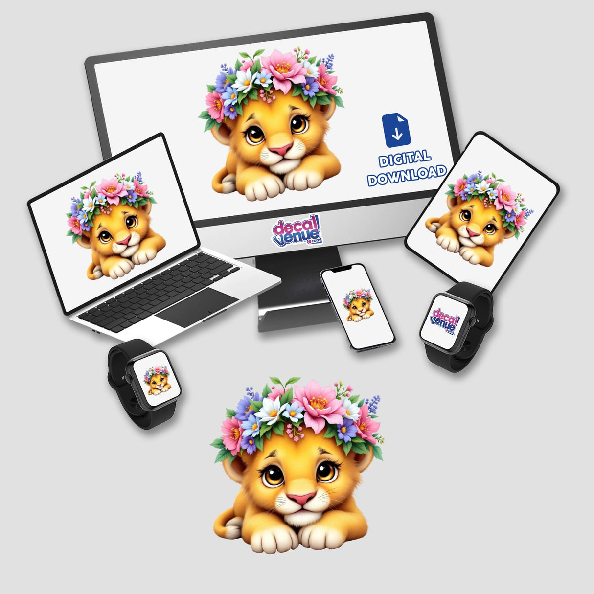 Majestic Lion Cub with a Blooming Flower Crown displayed on laptop, phone, and smartwatch screens, showcasing its vibrant digital art as part of Decal Venue's unique sticker and art collection.