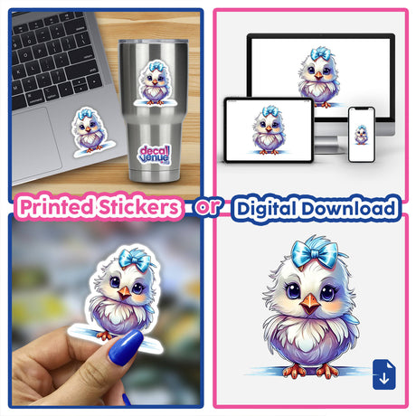 Baby chick digital art and stickers, featuring various cartoon bird designs, displayed on laptops, cups, and other surfaces.
