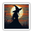 Silhouette of a woman in a witch hat, set against a vibrant striped background, perfect for Halloween-themed stickers or digital artwork.