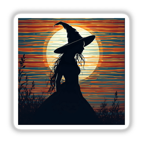 Silhouette of a woman in a witch hat, set against a vibrant striped background, perfect for Halloween-themed stickers or digital artwork.