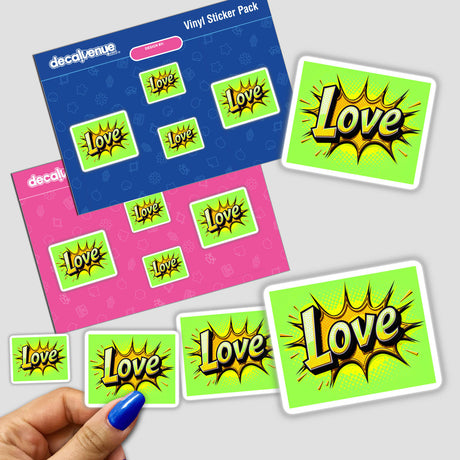 Love Valentine's Day stickers featuring vibrant designs and text, ideal for heartfelt expressions. Available as physical decals or digital artwork, perfect for adding a personal touch.