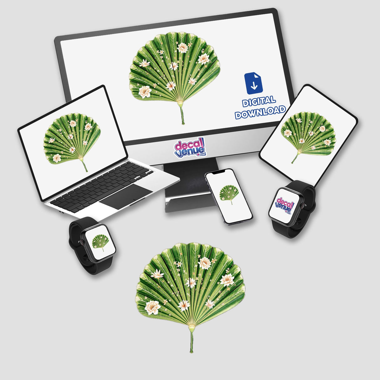 Chinoiserie Fan Leaf Palm design displayed on a laptop and monitor, highlighting its intricate floral pattern. Available as stickers or digital artwork from Decal Venue.