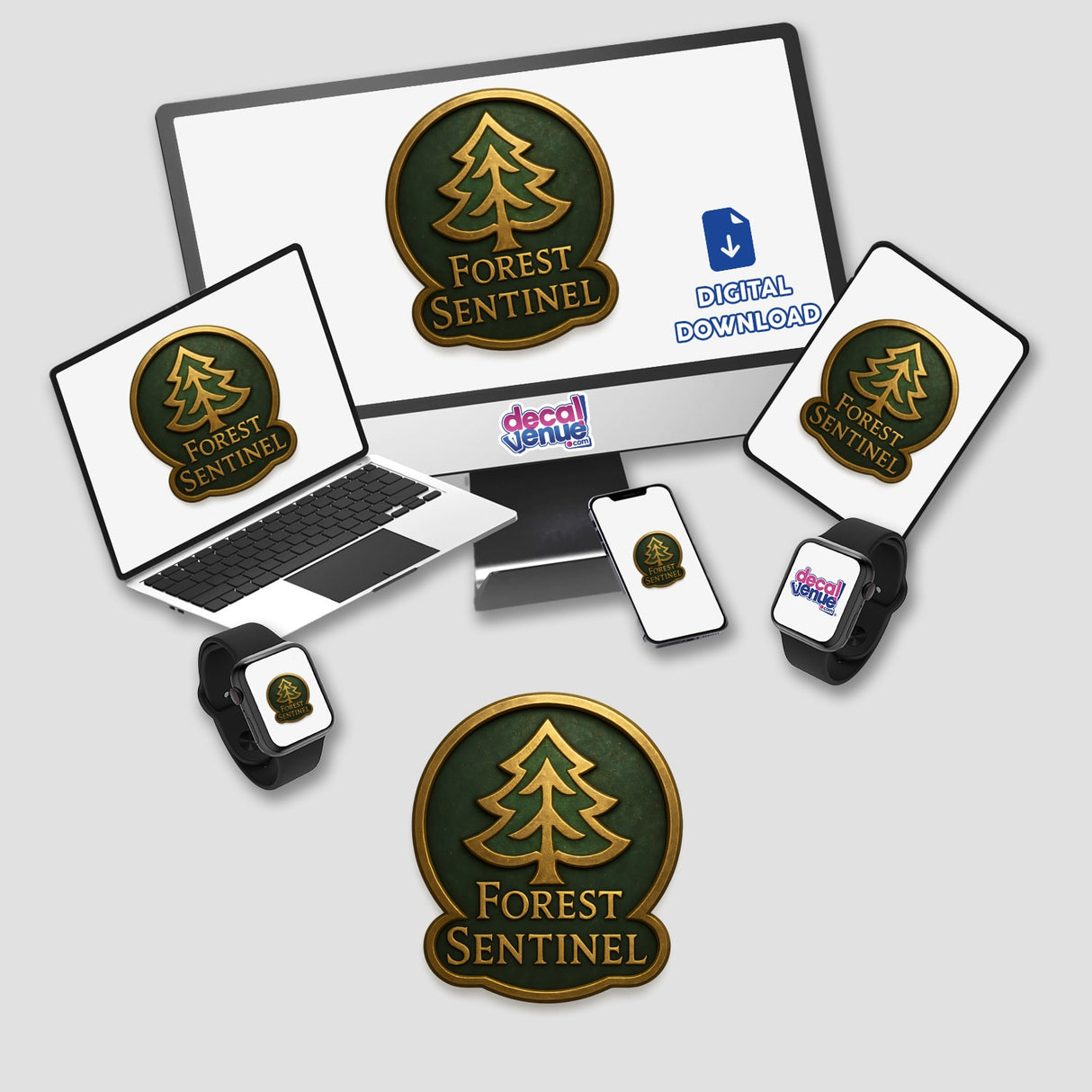 Forest Sentinel – RPG-Style Skill Badge features a detailed gold nature emblem, available as stickers or digital artwork. Ideal for fans of unique vinyl stickers and digital art.