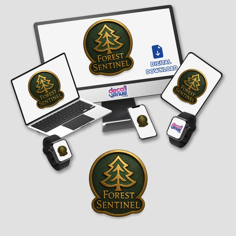 Forest Sentinel – RPG-Style Skill Badge features a detailed gold nature emblem, available as stickers or digital artwork. Ideal for fans of unique vinyl stickers and digital art.