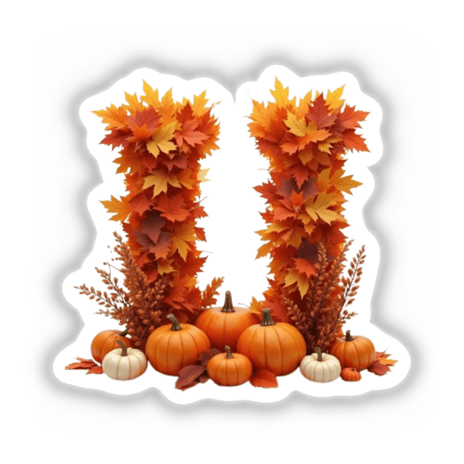 Thanksgiving Letter U Clipart - Fall Leaves and Pumpkins Design - Stickers or Commercial Use Download showcasing pumpkins and leaves arranged in the shape of the letter U.