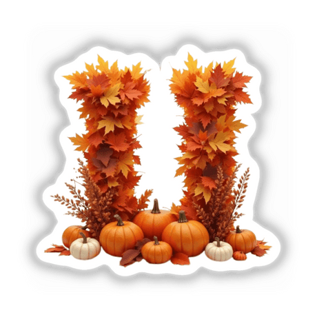 Thanksgiving Letter U Clipart - Fall Leaves and Pumpkins Design - Stickers or Commercial Use Download showcasing pumpkins and leaves arranged in the shape of the letter U.