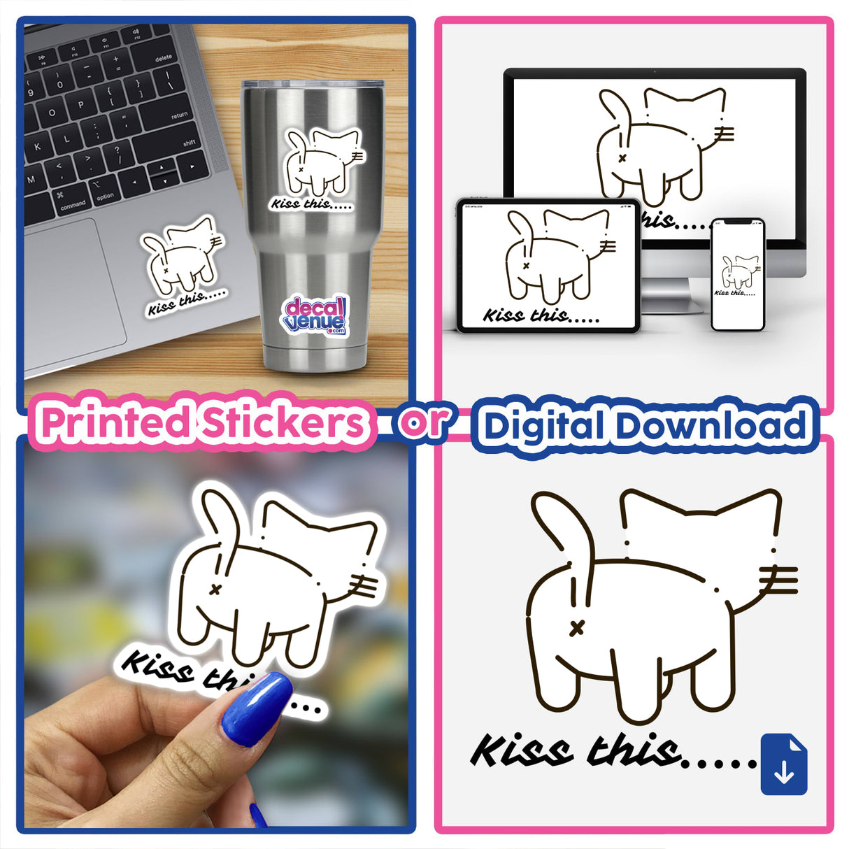 Collage featuring a laptop with a Kiss This sticker and a cartoon cat, emphasizing Decal Venue's unique sticker and digital art offerings.