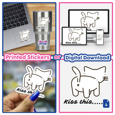 Collage featuring a laptop with a Kiss This sticker and a cartoon cat, emphasizing Decal Venue's unique sticker and digital art offerings.
