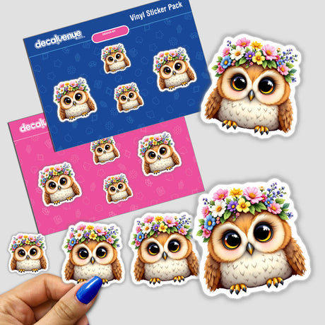 Whimsical Owl with a Spring Flower Crown sticker, featuring a cartoon owl adorned with vibrant flowers, perfect for adding charm to any space.