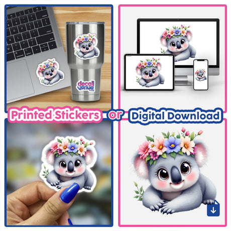 Adorable Koala with a Floral Crown sticker collage, featuring playful cartoon koalas adorned with flowers, ideal for decorating laptops and notebooks, embodying Decal Venue's unique vinyl art style.