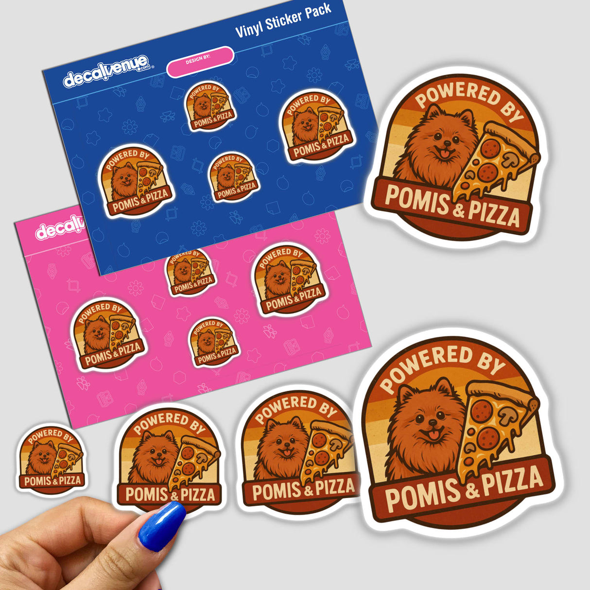 Pomeranian Pizza Lover Sticker or Clipart featuring a playful Pomeranian indulging in a pizza slice, available as stickers or digital artwork with commercial rights. Perfect for unique vinyl art enthusiasts.