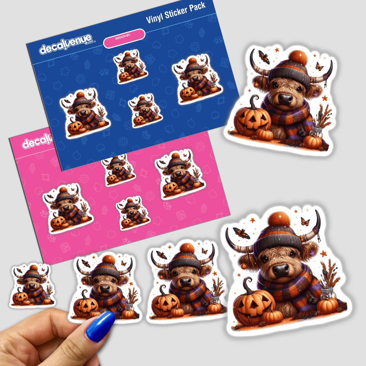 Sticker featuring a cartoon cow in a hat and scarf, titled Bundled Up Autumn Highland Cow, available as a sticker or digital artwork.