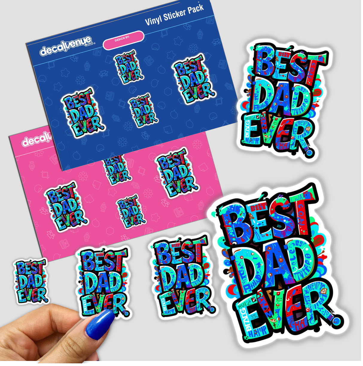 Sticker pack featuring Best Dad Ever text among various designs, highlighting unique vinyl sticker options available at Decal Venue.