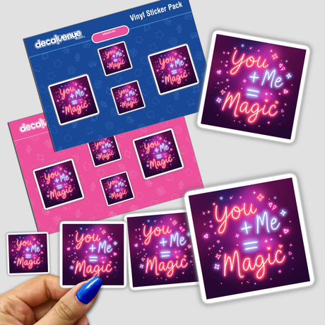 Hand holding You + Me = Magic Neon Art sticker pack, showcasing vibrant design elements, available as both physical stickers and digital artwork.