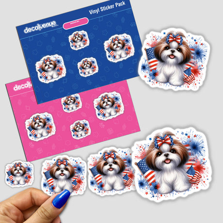 Patriotic Shih Tzu Dog American Flag II sticker pack featuring cartoon Shih Tzus with bows and American flags, including a close-up of a hand holding one sticker.