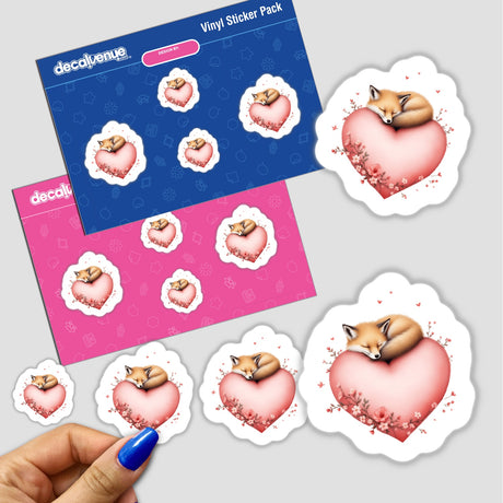 Cozy Sleeping Fox with Roses and Hearts sticker, featuring a serene fox nestled on a heart, ideal for adding a whimsical touch to your decor.