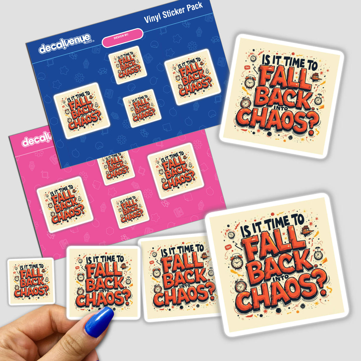 Hand holding a sticker pack titled Fall Back Into Chaos Daylight Savings Sticker & Downloadable Clipart, showcasing time change humor, available as physical stickers or digital artwork.