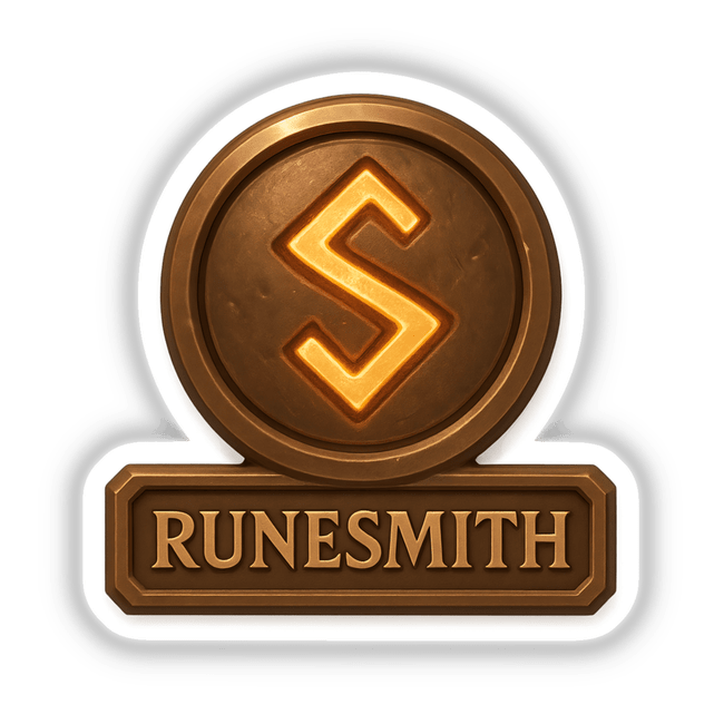 Runesmith – RPG-Style Skill Badge featuring a Bronze Rune Forgemaster Icon, available as stickers or digital artwork, ideal for fans of unique vinyl stickers and digital art.