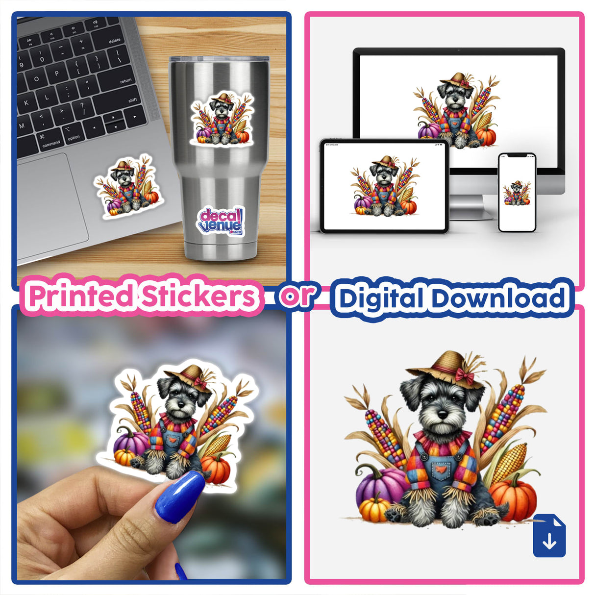 Watercolor Schnoodle Scarecrow Clipart | Fall Dog Sticker | Digital Download with Commercial Rights featuring a dog in a scarecrow outfit, available as stickers or digital artwork.