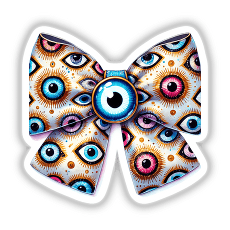 Vibrant evil eye pattern sticker with multicolored eyes on a butterfly-shaped digital artwork created by talented designers at Decal Venue.