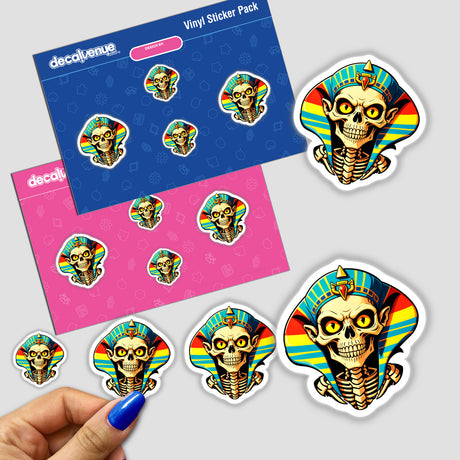 A Cool Egyptian Pharaoh Skull sticker featuring a cartoon skeleton with a colorful hat, ideal for unique vinyl sticker collections or digital artwork enthusiasts.