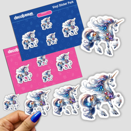 Sticker pack titled Unicorn Jewels and Gemstones, featuring colorful unicorn designs with gem-adorned manes, held by a hand, available as both stickers and digital artwork.
