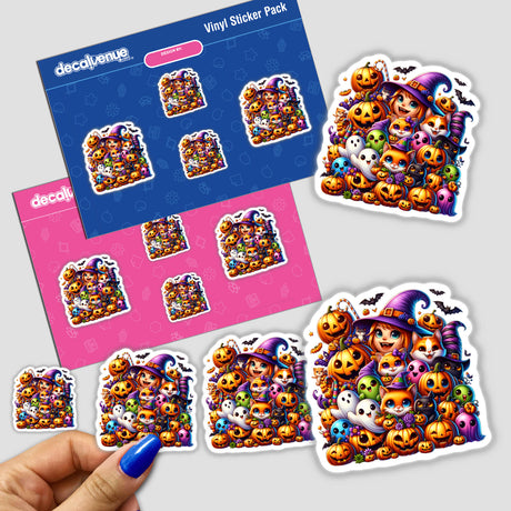 Hand holding a Halloween Family sticker pack featuring various cartoon characters, including a pumpkin with candy, showcasing Decal Venue's unique stickers and digital art.