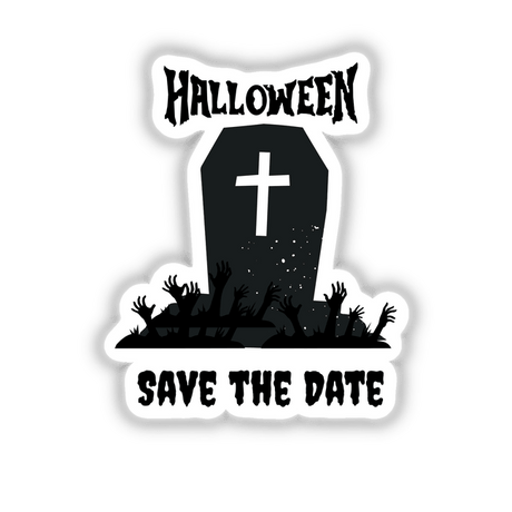 Halloween Save the Date vinyl sticker or digital artwork featuring a black tombstone with hands emerging from the dirt, perfect for Halloween weddings.