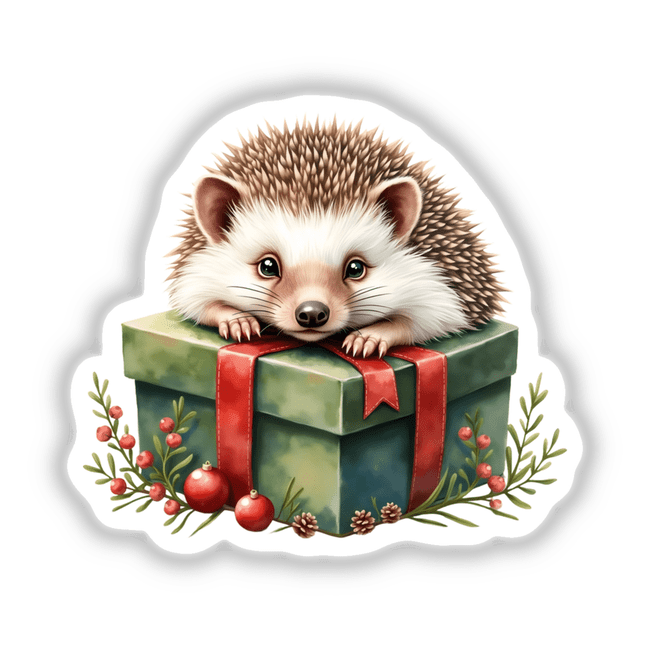 Hedgehog perched on a Christmas present box, available as a sticker or digital artwork from Decal Venue. The image captures the hedgehog's charming presence atop the festive package.