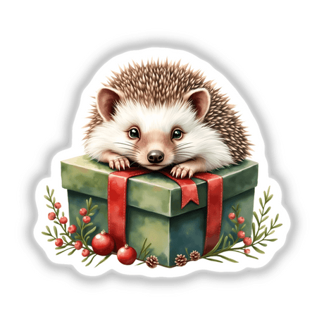 Hedgehog perched on a Christmas present box, available as a sticker or digital artwork from Decal Venue. The image captures the hedgehog's charming presence atop the festive package.