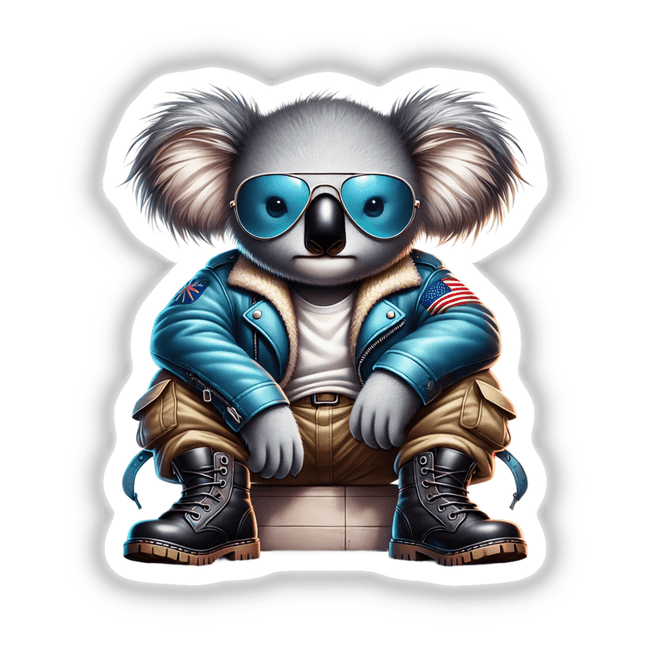 Patriotic Leather Koala Aviator Sunglasses: A cartoon koala wearing aviator sunglasses and a blue jacket, embodying a stylish and trendy design perfect for stickers or digital downloads.