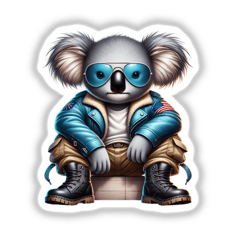 Patriotic Leather Koala Aviator Sunglasses: A cartoon koala wearing aviator sunglasses and a blue jacket, embodying a stylish and trendy design perfect for stickers or digital downloads.