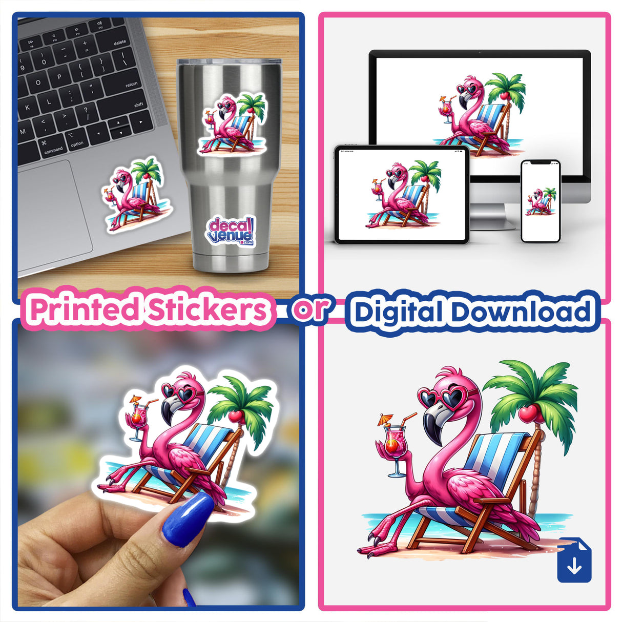 Beach Flamingo Chillin' w/ Tropical Drink - Vibrant digital artwork showcasing a relaxed pink flamingo enjoying a tropical beverage under a palm tree in a Decal Venue store.