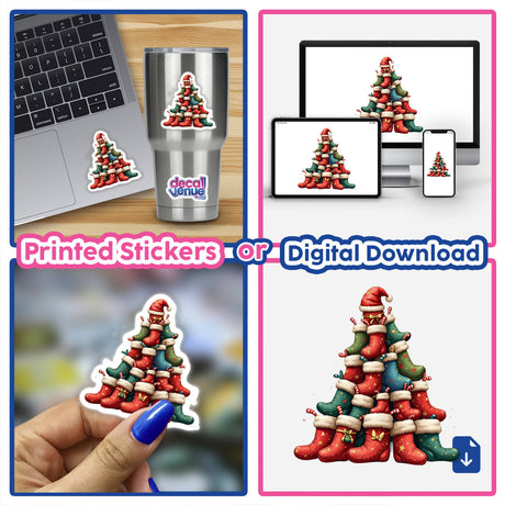 Christmas Stocking Stacked Pile stickers or digital artwork, featuring a collage of festive stockings. Perfect for adding holiday cheer to laptops or digital screens.