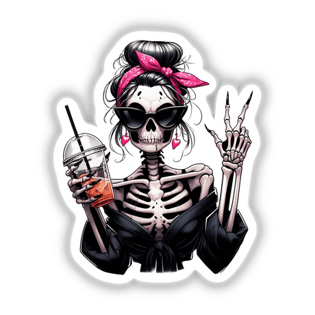Spooky Halloween skeleton with a pink bandana and sunglasses, holding a drink and making the peace sign