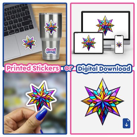 Collage featuring 'Star Stained Glass Style' stickers and digital downloads, showcasing vibrant star designs on laptops and screens, emphasizing unique artistry from Decal Venue.