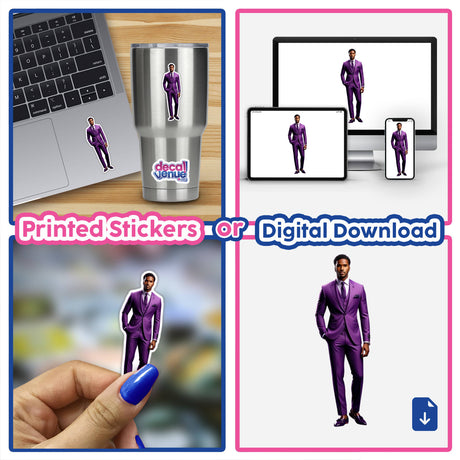 Handsome Male Model in a purple suit, featured in a collage, available as high-quality stickers or digital art from Decal Venue, perfect for artistic and decorative projects.