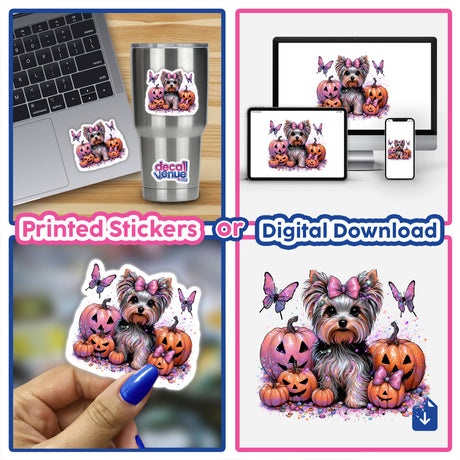 Pinky Pastel Halloween Yorkie Dog sticker featuring a Yorkie with a bow, surrounded by pumpkins, available as stickers or digital artwork.