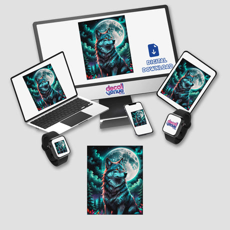 Wolf-themed digital artwork on a computer monitor and laptop, showcasing A Wolf In The Night With A Bright Moon, available as stickers or digital art from Decal Venue.