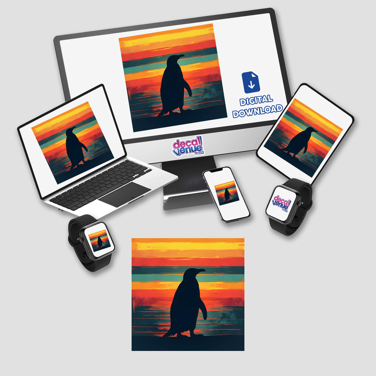 Penguin Silhouette with Bold Horizontal Stripes displayed on various devices including a laptop, monitor, tablet, and smartwatch, available as stickers or digital artwork.