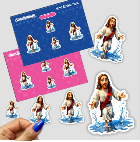 Funny Jesus Christ Walking On Water sticker depicting a cartoon man with long hair and beard, humorously illustrated walking in water, available as a vinyl sticker or digital artwork.