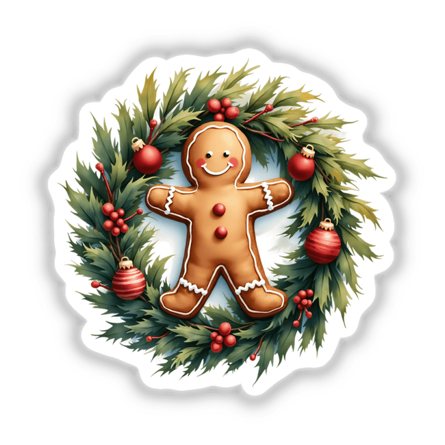 Gingerbread Man in a Christmas Wreath sticker or digital artwork, featuring a smiling gingerbread figure surrounded by festive ornaments, perfectly capturing the holiday spirit from Decal Venue's unique collection.