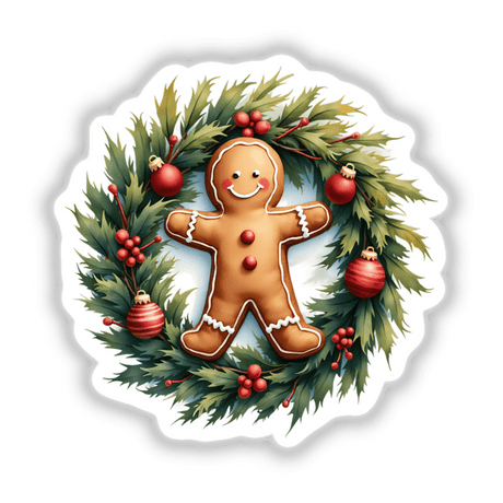 Gingerbread Man in a Christmas Wreath sticker or digital artwork, featuring a smiling gingerbread figure surrounded by festive ornaments, perfectly capturing the holiday spirit from Decal Venue's unique collection.