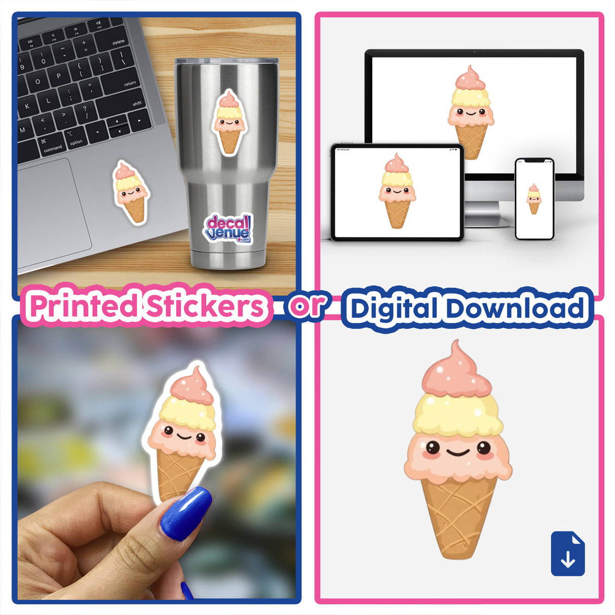 Kawaii Ice Cream Cone Sticker featuring cute pastel scoops with expressive faces, perfect for National Ice Cream Day. Available as decals or food clipart with commercial rights from Decal Venue.
