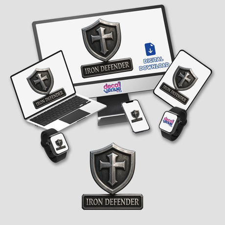 Iron Defender – RPG-Style Skill Badge features a Silver Knight Shield, available as unique stickers or digital artwork, embodying Decal Venue's distinctive style in vinyl and digital formats.