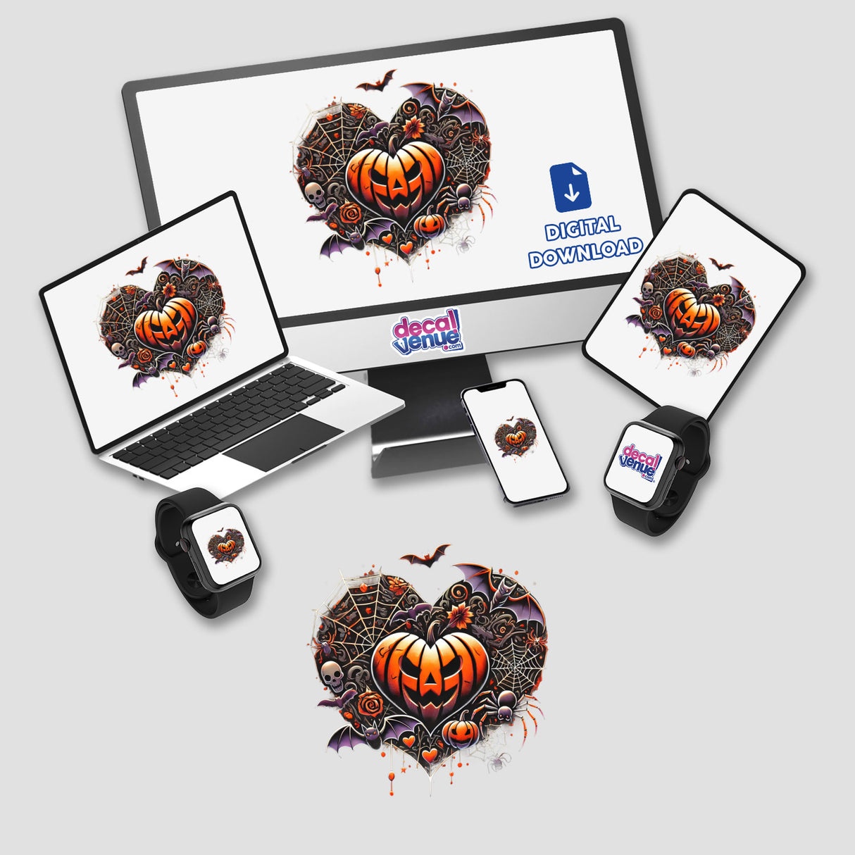 Spooky pumpkin in colorful heart-shaped design with bats, Halloween digital artwork by Decal Venue
