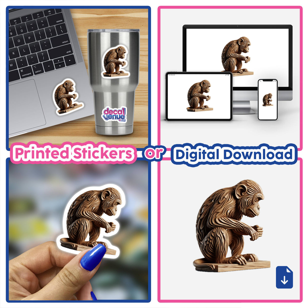 Carved Wood Monkey sculpture displayed in a collage, highlighting its intricate design, available as unique stickers or digital artwork from Decal Venue, known for distinctive sticker and digital art offerings.