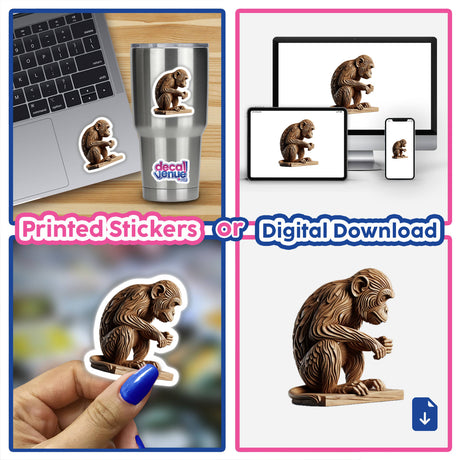 Carved Wood Monkey sculpture displayed in a collage, highlighting its intricate design, available as unique stickers or digital artwork from Decal Venue, known for distinctive sticker and digital art offerings.